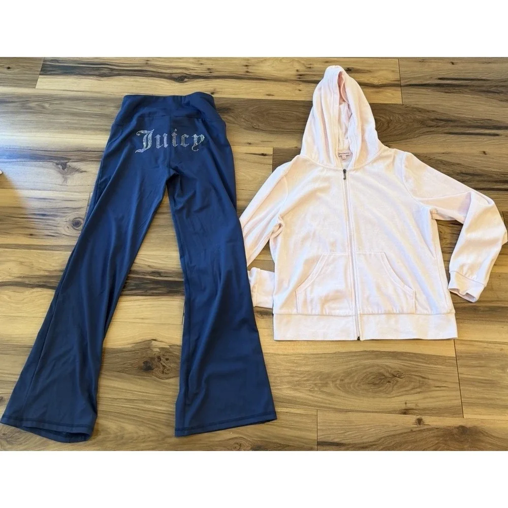 Juicy Couture Rhinestone Sequin Studded Tracksuit Set Pink Hoodie L Blue Pants M